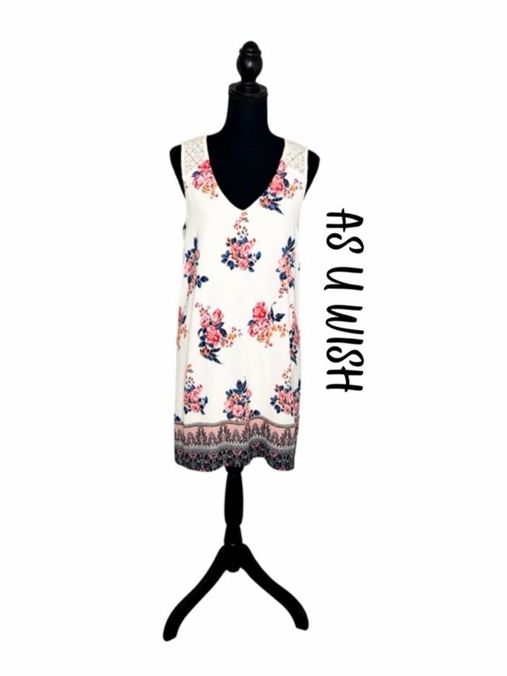 As U Wish Floral V-Neck Shift Mini Dress Boho Lace Trim Womens sz L Sleeveless
